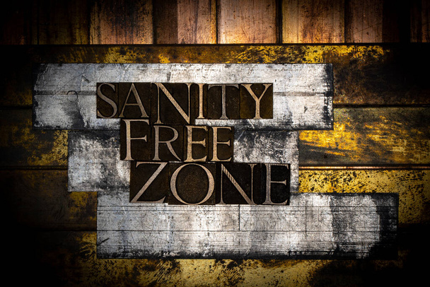 Photo of real authentic typeset letters forming Sanity Free Zone text on vintage textured silver grunge copper and gold background - Photo, Image