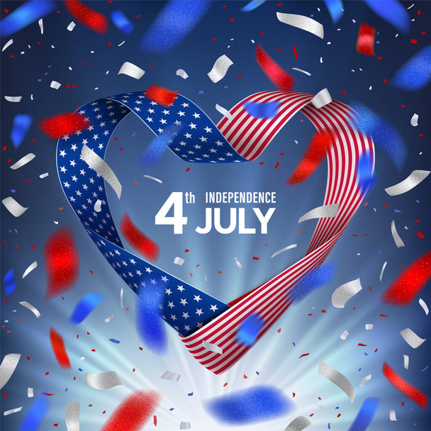 4 luglio Giorno degli Stati Uniti d'America con nastro bandiera a forma di cuore
 - Vettoriali, immagini