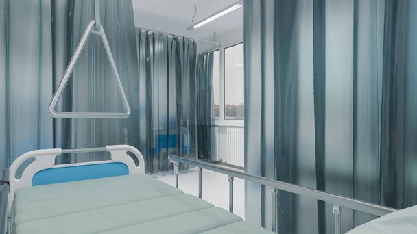 Páciens ágy Nylon függönyökkel körülvéve Gyógyító szoba belsejében 3D Renderelés - Fotó, kép
