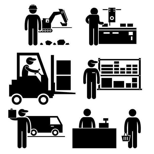 Business Ekosystém mezi výrobcem, distributorem, velkoobchodníkem, maloobchodníkem a piktogramem Stick Figure Icon - Vektor, obrázek