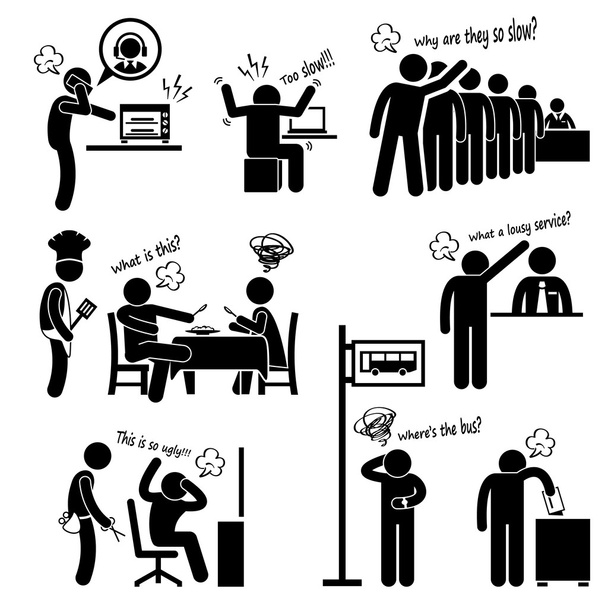 Angry and Unhappy Customers Complaining about Bad Services Stick Figure Pictogram Icon - Vector, Image
