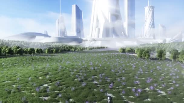Female robot walks grass field . Sci fi city background. Concept of future. Realistic 4K animation. - Materiał filmowy, wideo
