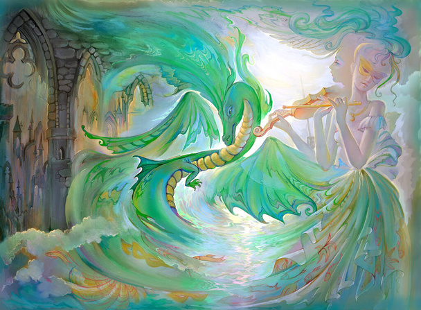 Nocturne for dragon. Oil painting on canvas. Fantasy illustration of a two-faced fairy playing music among the gothic maritime abyss. Rebirth Celtic beast from the fairyland Breton sea. - Photo, Image