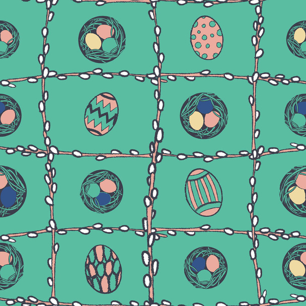 Πολύχρωμα αυγά, κλαδιά, πράσινο μοτίβο χωρίς ραφή - Διάνυσμα, εικόνα