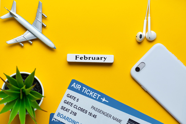 концепція лютневих польотів з іграшковим літаком з квитками на жовтому тлі
 - Фото, зображення