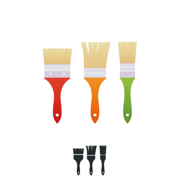 A house painter and decorator brushes with colorful handles. Three paintbrushes isolated on white. Clean unused paint brushes. - Vektor, Bild