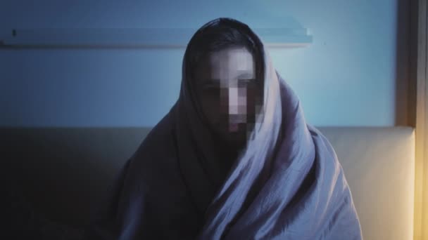 night insomnia tired man falling down bed blanket - Video, Çekim