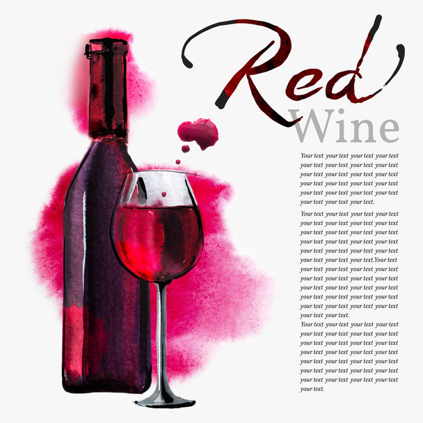 Una bottiglia di vino rosso e un bicchiere di vetro su uno sfondo di macchie rosso acquerello. Modello pronto per l'uso nella progettazione di imballaggi, carte dei vini e altri disegni
. - Foto, immagini