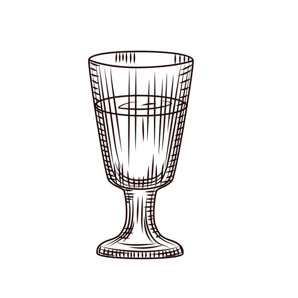 Vodka stem shot glass isolated on white background. Full alcohol shot glass of alcohol. Vintage engraved style. For bar menu, cards, posters, prints, packaging. Vector illustration - Vektori, kuva