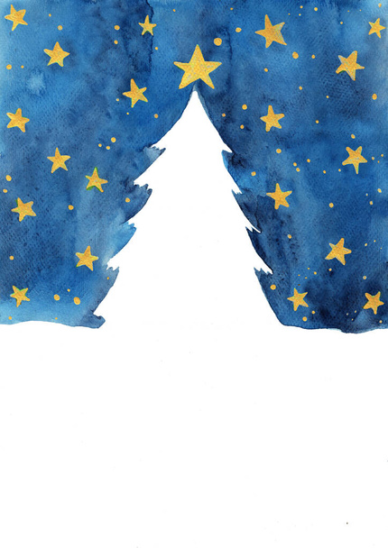 Gece gökyüzü ve altın yıldızlı suluboya el boyası kış mevsiminde dekorasyon ve Noel tatili için. - Fotoğraf, Görsel