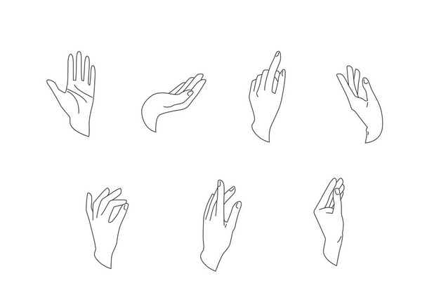 Kädet vektori asetettu yksinkertainen tasainen viiva tyyli eristetty valkoisella taustalla. Erilaisia eleitä, asentoja ihmisen kädestä eri tilanteessa. Vektoriesimerkki. - Vektori, kuva