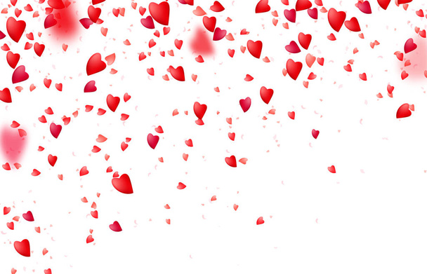 Heart confetti border background. Falling from above red love particles. Blurred petal. Valentine, women, mother day concept. Vector illustration - Vector, Image