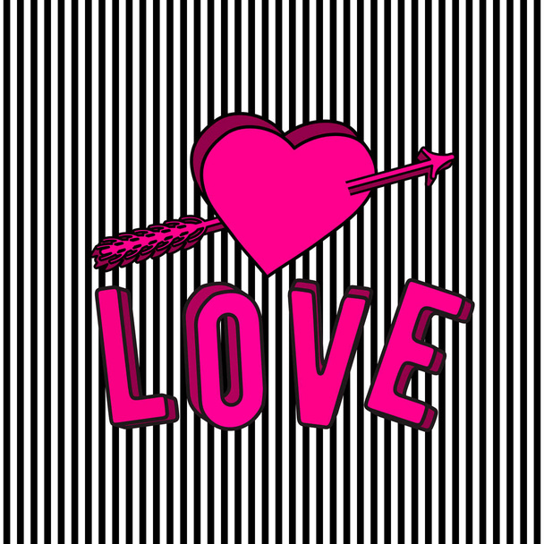 Векторна ілюстрація стильного кохання 3d знак тексту, стріла і рожеве серце ізольовані на смугастому тлі в стилі Мемфіса - Вектор, зображення
