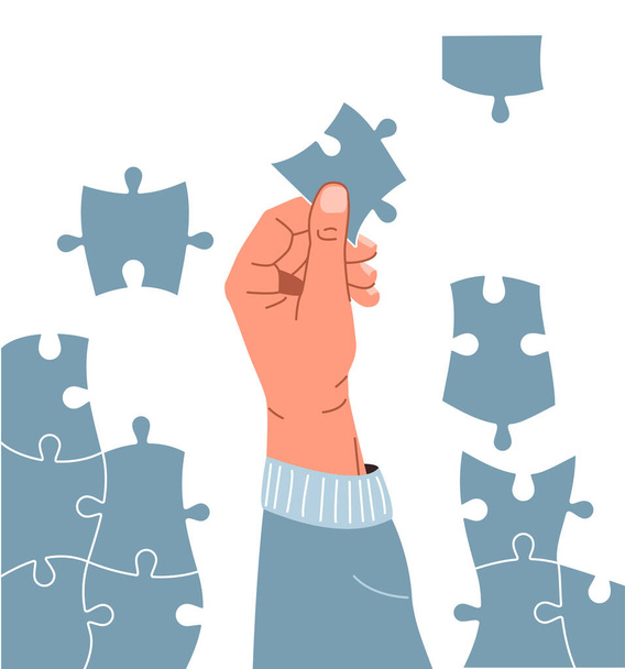 Strategy solution concept vector background. Man hand holding piece puzzle, jigsaw parts are scattered. Decision process. Business problem solve in cartoon flat style. - Vector, Image