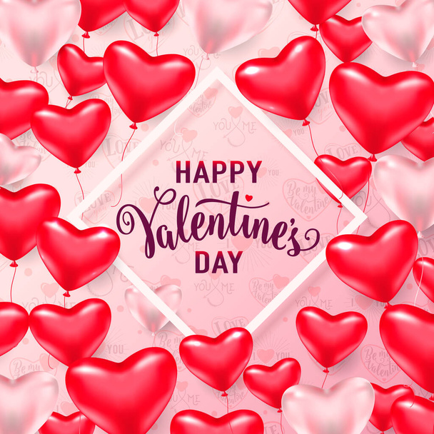 Vektorové ilustrace červených a růžových srdečních balónků, bílý rámeček s nápisem text znamení šťastný Valentýna izolované na světlém pozadí. Šablona valentýnské karty pro vánoční pozdrav - Vektor, obrázek