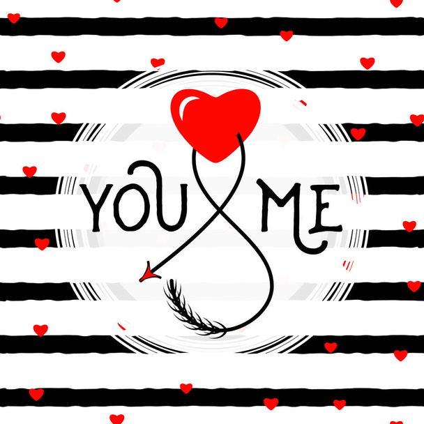 Vector illustratie van typografie tekst teken u en ik met hipster hart doorboord door een pijl geïsoleerd op strepen achtergrond in retro stijl. Fashion prints voor Valentijnsdag - Vector, afbeelding