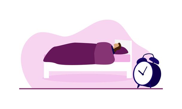 Vektori nainen makaa violetti ja valkoinen sänky nukkuu peiton alla jättiläinen herätyskello vastaan violetti möykky eristetty valkoista taustaa vasten. Suuri nukkumaan, aikaisin aamulla tai herätä julisteita. - Vektori, kuva