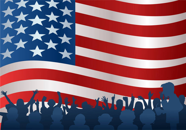 illustration of a flag of United States of America with audience crowd on USA flag background - Photo, Image