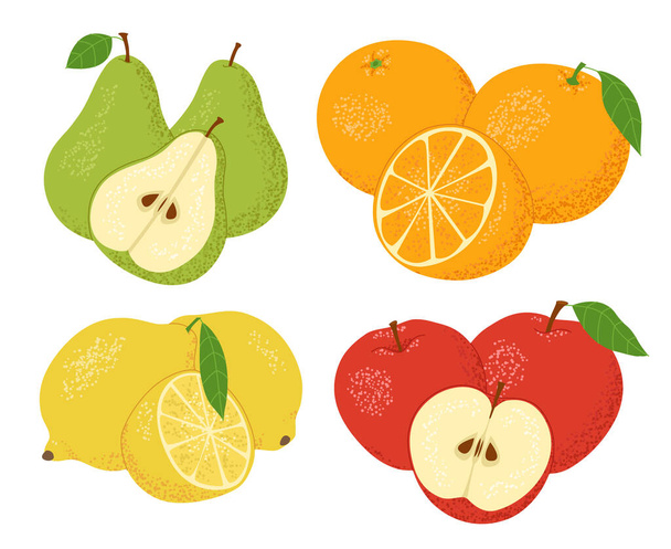 Set of fruits isolated on a white background. Oranges, lemons, red apples and green pears. Whole and cut in half. Vector illustration. - Vetor, Imagem