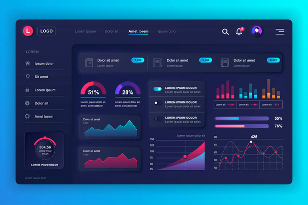 Neumorphic dashboard UI kit. Admin panel vector design template with infographic elements, HUD diagram, info graphics. Website dashboard for UI and UX design web page. Neumorphism style. - Vector, Image