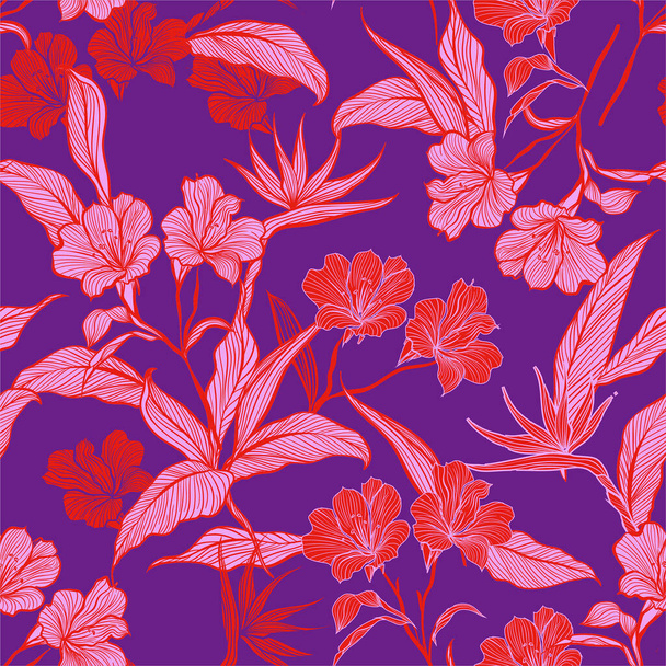 Vintage Seamless pattern line botanic flowers and plants in the garden colorful Vector illustration.Design for fashion web, wallpaper, wrapping , fabric and all prints on vivid violet background color - Вектор, зображення