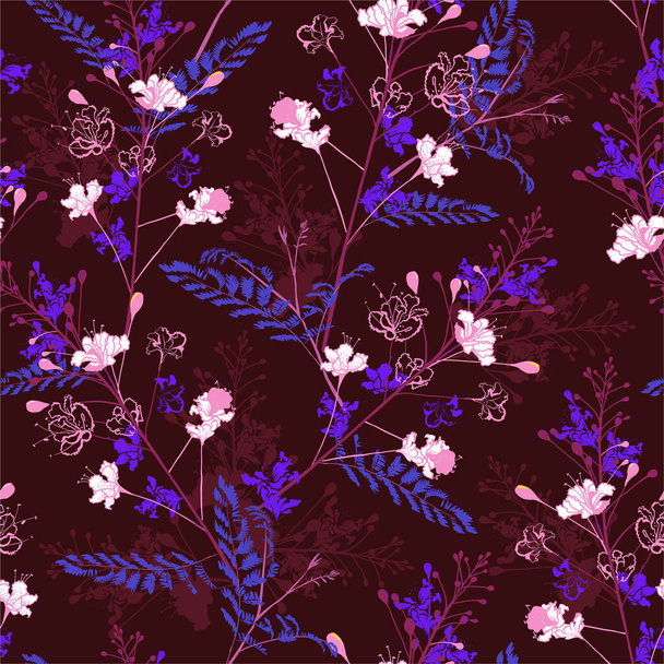 Bautiful Dark garden night blooming peacock flowers, branches, leaves . Vector seamless pattern. Illustration for fabrics,and all prints on purple background color - Wektor, obraz