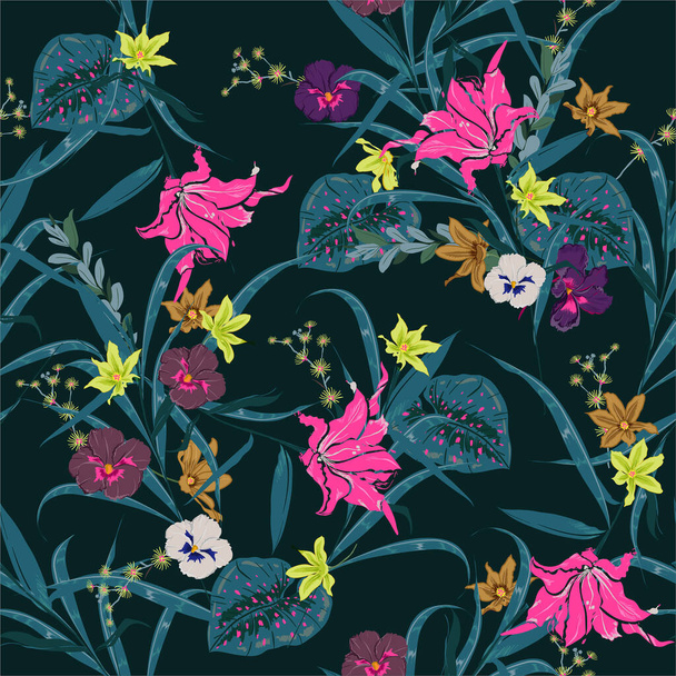 Beautiful dark tropical and blooming of botanic plants seamless pattern with exotic flowers and leaves. Seamless colorful pattern .Design for for fashion , fabric, web ,and all prints on black - Vektori, kuva