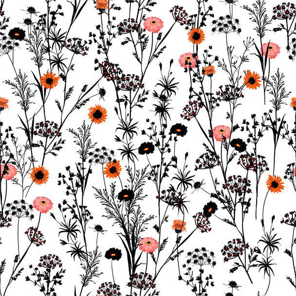 Stylish black and white silhouette of  Hand drawn meadow Floral with spot of red and orange blooming flowers pattern. Seamless vector texture. Elegant template for fashion and all prints on white background color - Vektör, Görsel