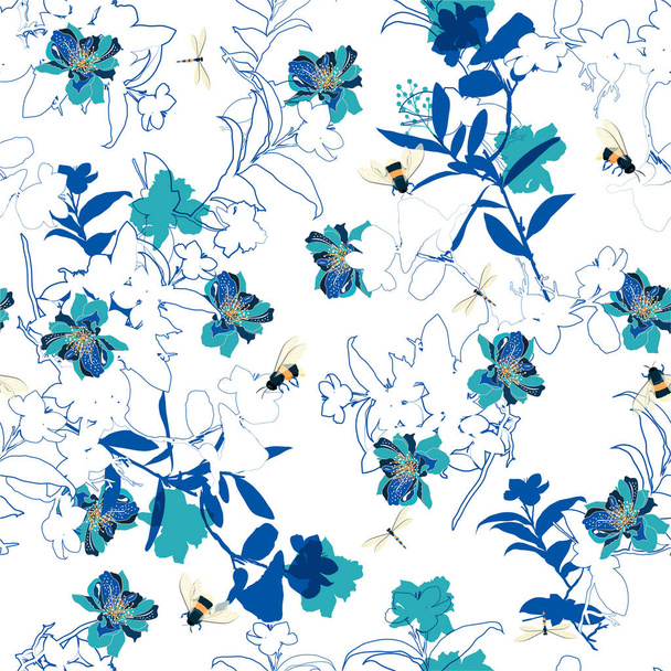 Monotone shade of blue ,Vector seamless pattern with hand drawing silhouette botanical and blooming wild flowers,illustration, floral elements overlap technic, design for fashion,fabric,web,wallpaper,wrapping and all prints on white color  - Vector, Imagen