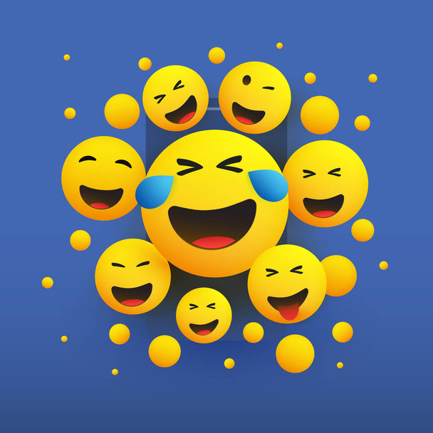 Verschiedene Gesichter mit Freudentränen - Lachende weinende Emoticons vor einem Smartphone-Bildschirm, Vektor-Konzept-Illustration - Vektor, Bild