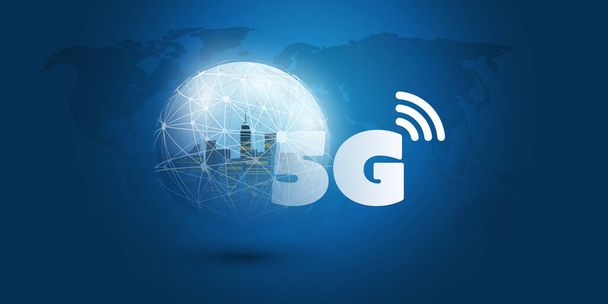 Футуристические глобальные мобильные сети 5G с разветвленными узлами на беспроводной сети Globe - высокоскоростная, широкополосная мобильная телекоммуникация и беспроводной интернет.
 - Вектор,изображение