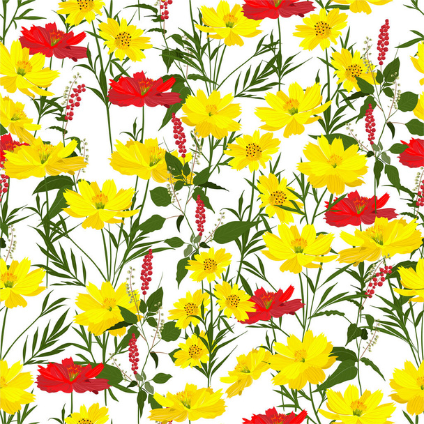 Louka květiny rostliny a květiny bezešvé vzor v vektorovém designu pro módu, tkaniny, tapety, obaly a všechny tisky na bílém pozadí - Vektor, obrázek
