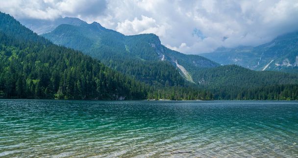 Lake Tovel, a blue pearl in the dolomites alps, Italy. Beautiful view of Lake Tovel, the largest of all natural lakes in Trentino in the Adamello Brenta Park. Mountain landscape, lake and mountains. - Фото, изображение