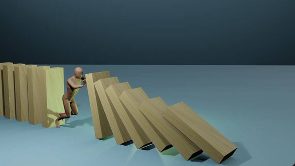 Concept d'entreprise idée. personnage de dessin animé arrêtant de s'effondrer dominos. Image de rendu 3D - Photo, image