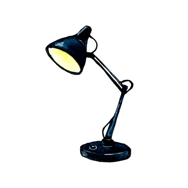 Aquarelillustratie van een zwart bureaulampje 300 dpi Kan gebruikt worden als icoon voor zaken en studie - Foto, afbeelding