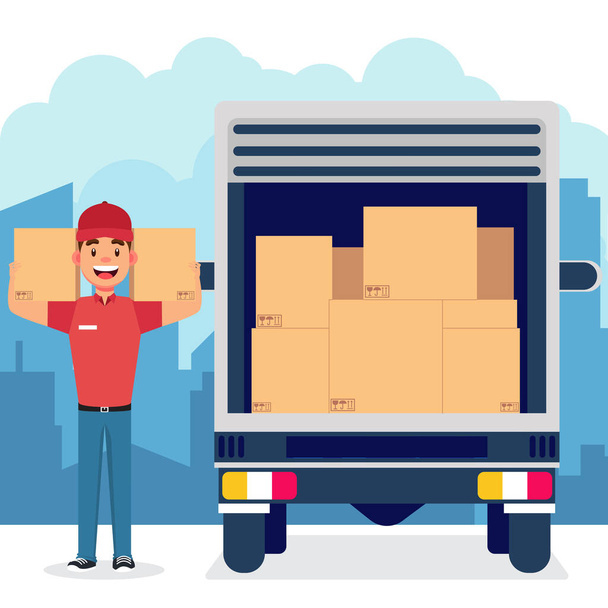 Hombre de entrega fuerte con caja de cartón e ilustración de vector de camión
 - Vector, imagen