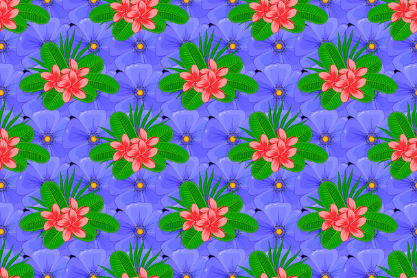 Optical illusion with plumeria flowers. Raster illustration good for the interior design, printing, web and textile design. Seamless texture of floral ornament on a black background. - Fotoğraf, Görsel