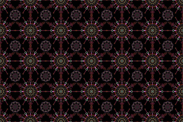 Ikat Damask безшовний візерунок фонової плитки на чорному тлі в нейтральних, червоних і рожевих кольорах
. - Фото, зображення