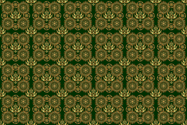 Raster seamless pattern of traditional ornamental background with golden circular mandala, stars and snowflakes elsments on a green backdrop. - Photo, Image