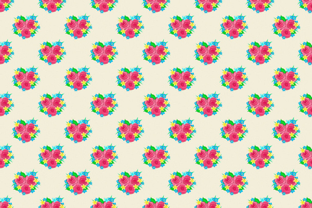 Raster seamless background pattern with stylized rose flowers and green leaves in pink, blue and beige colors. - Foto, imagen