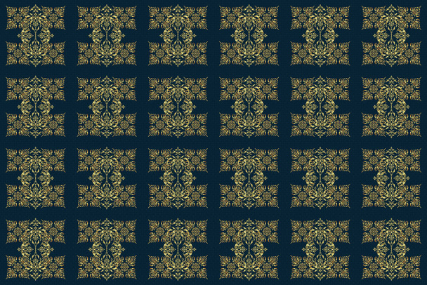 Raster oriental style arabesques. Seamless pattern with golden elements, curls and ornaments on a blue background. - Photo, Image