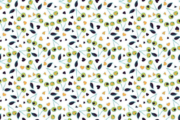 Vintage watercolor cherry. Hand drawn raster seamless pattern in violet, green and blue colors. - Photo, Image