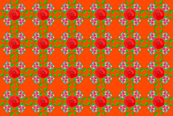 Raster patrón floral sin costuras de moda. Amapolas estilizadas de color rojo, naranja y verde dibujadas a mano
. - Foto, imagen