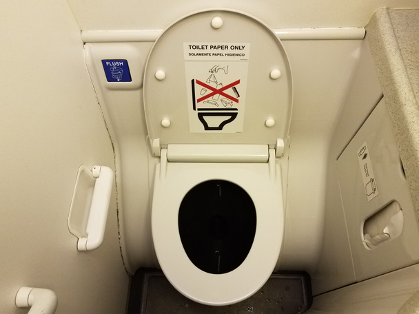 туалетний папір лише знак на кришці туалету літака у ванній кімнаті та синя кнопка змиву
 - Фото, зображення
