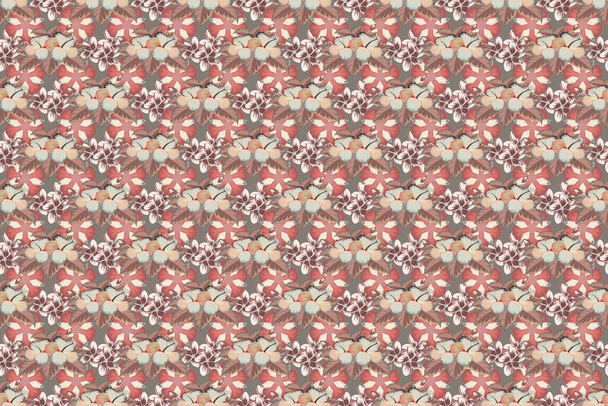 Raster hibiscus flowers and buds retro seamless pattern illustration in beige, brown and pink colors. - Photo, Image
