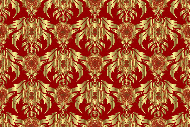Oriental style arabesques on a red backdrop. Raster brilliant lace, stylized flowers, paisley. Seamless pattern of golden textured curls. Openwork weaving delicate, golden background. - Photo, Image