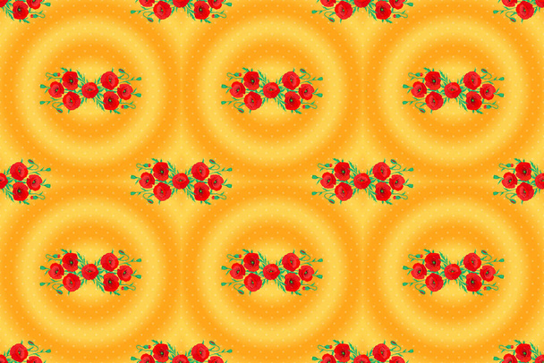 Stock raster illustration. Seamless pattern of abstrat poppy flowers in green, yellow and red colors. Vintage style. - Valokuva, kuva
