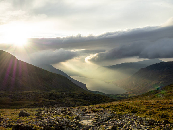 Lit up valley, viewed from the decent of Scafell Pike - Photo, Image
