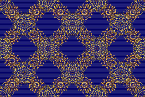 Raster golden texture, gold lines and grids seamless pattern, curved metal, foil background with 3D visual effects on a blue background. - Photo, Image