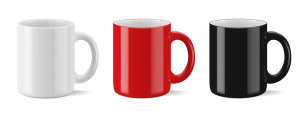 Векторный реалистичный макет (шаблон, макет) кружки для просмотра перспективы напитков. Белый, черный, красный бланк изолированная чашка. EPS 10
 - Вектор,изображение